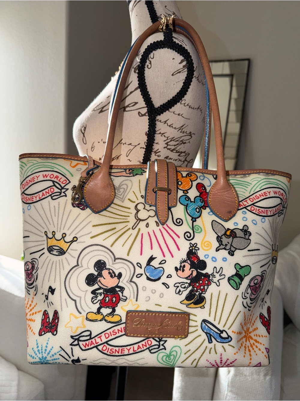 Dooney & Bourke Multicolor Disney Mickey & Minnie Canvas Tote with Tan Trim